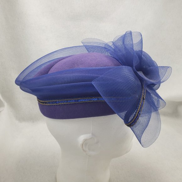 Vintage 80s Church Hat Oversize Bow Wool Felt Formal Tulle Blue Gold Sequins USA - Picture 3 of 14